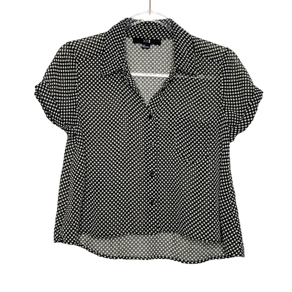 XXI Polka Dot Cropped Sheer Button Down Blouse Cap Sleeve Black White Size Small
